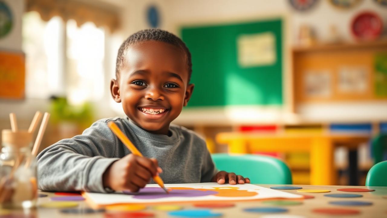 A smiling young boy painting in a colorful inclusive classroom