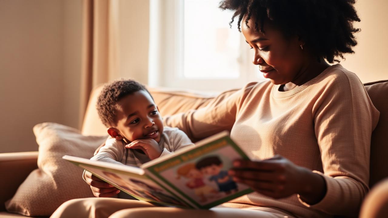 A mother reading a picture book with her young son at home