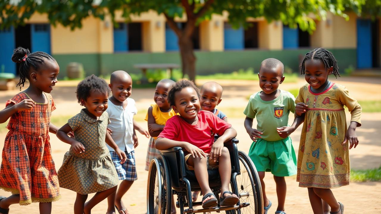 Diverse Nigerian children including a child in a wheelchair playing together